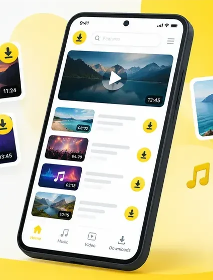 Snaptube features displayed on a mobile phone